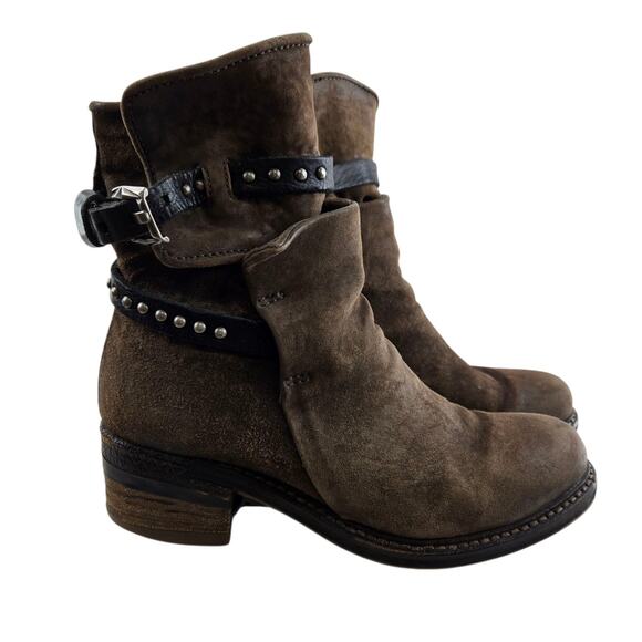 AS98 Ankle Boots Womens 7.5 8 (38) Brown Suede Black Leather Studded Rocker Edgy - Picture 1 of 13